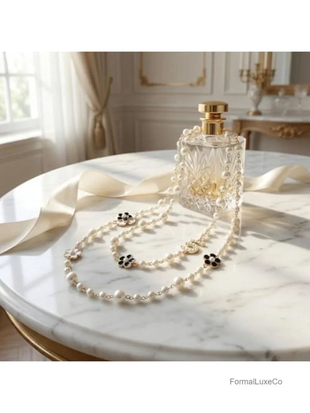 Vintage Layered Faux Pearl Necklace with Camellia Flower & Number 5 Charm